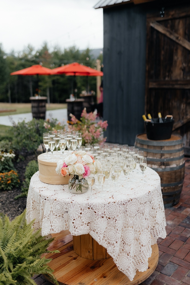 wedding decor champagne table at the Barn at Pinestone