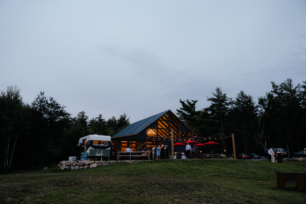 The barn at pinestone venue in Wilmington ADK at night 