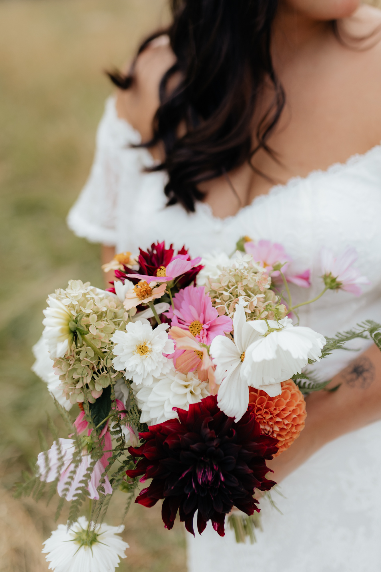 wedding bouquet of colorful homegrown wildflowers