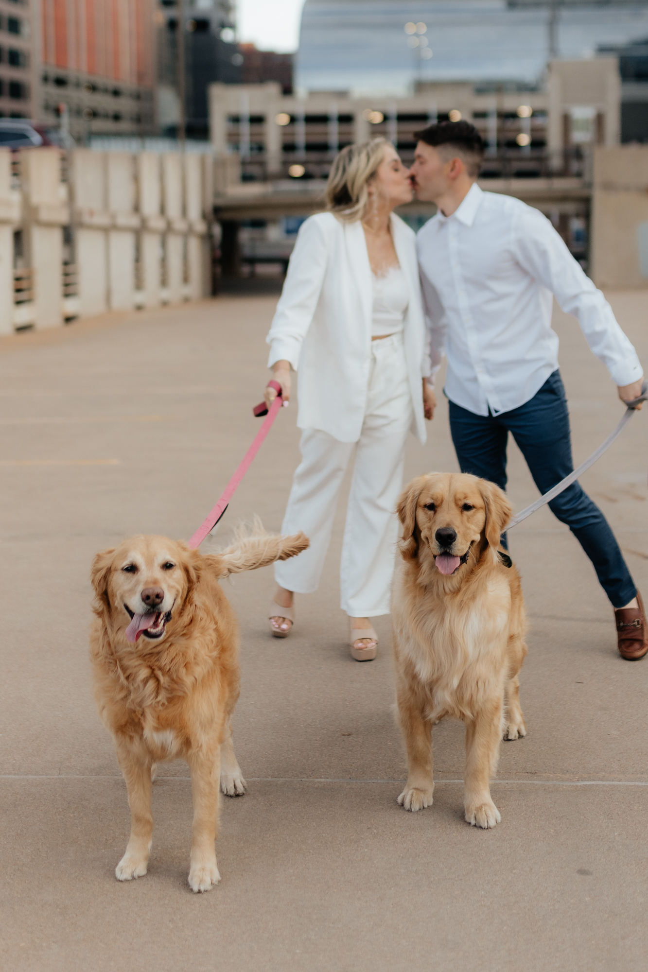 Couple on parking garage with their golden retriever dogs in downtown Denver Colorado