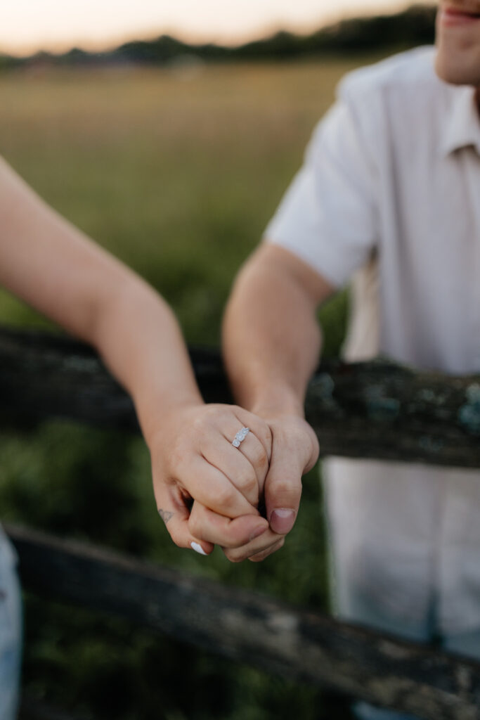 Couple in a field at sunrise holding hands