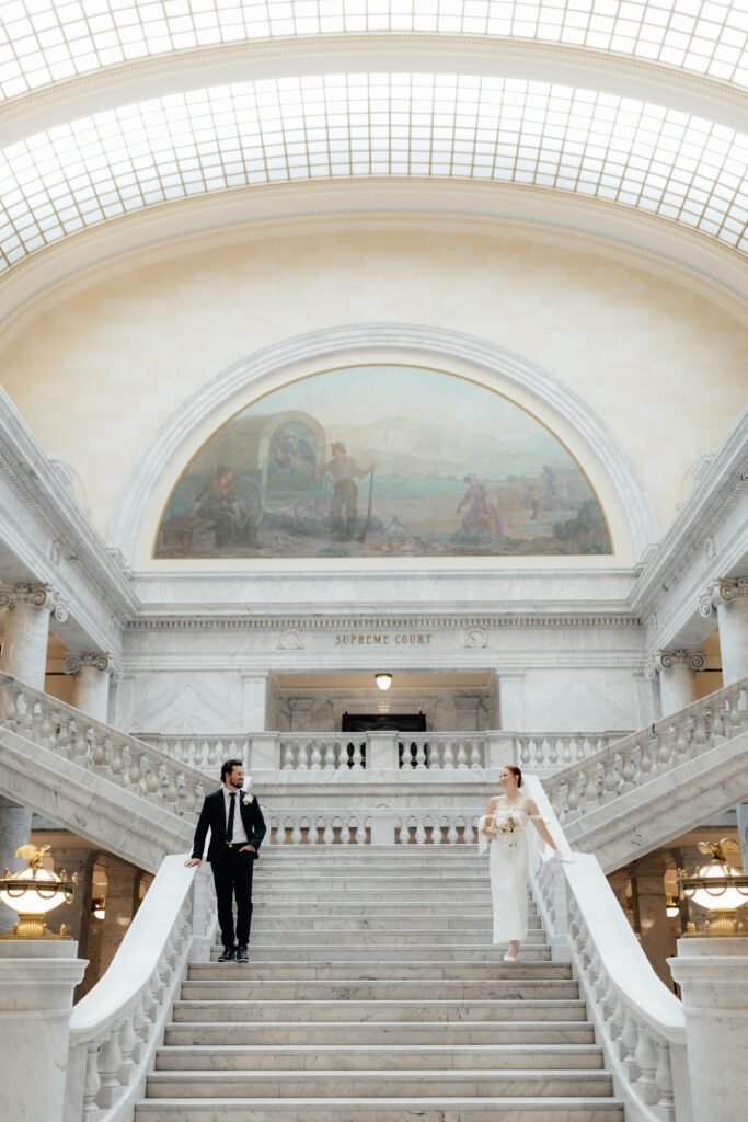 Couple eloping in salt lake city on steps